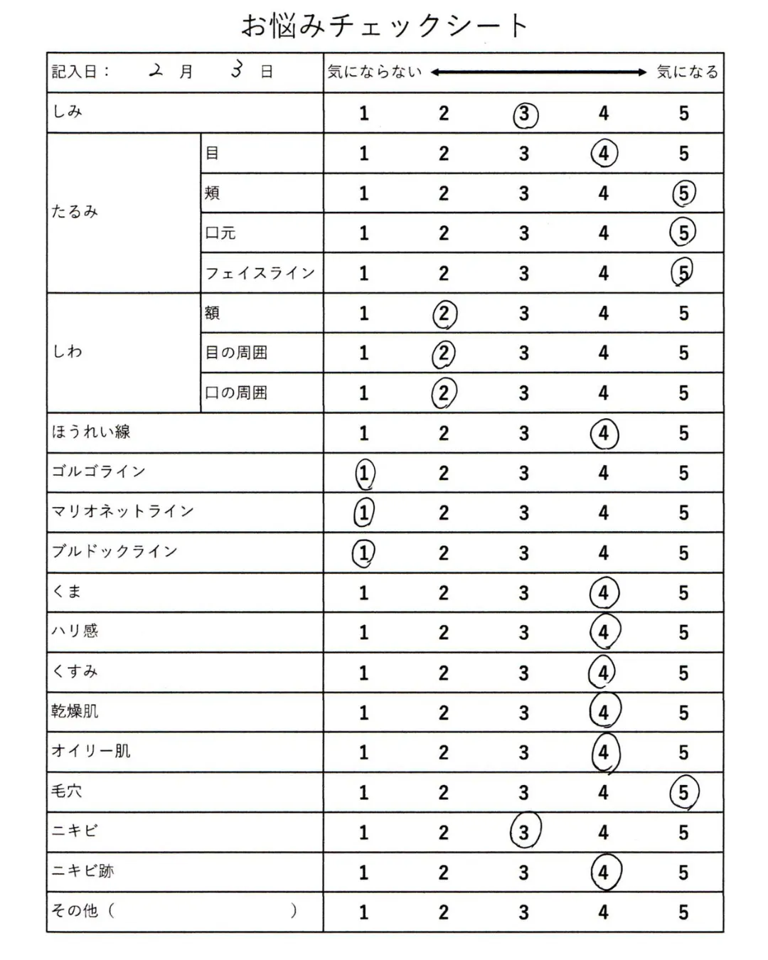 施術前のお悩みチェックシート(2月3日)